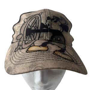 Disney World Steamboat Willie Mickey Cap Adjustable Baseball Hat Tan Blue Vtg
